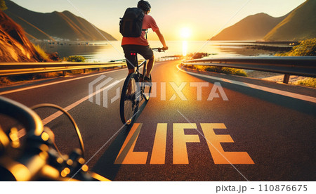Cyclist on Sunrise Coastal Road with Life Inscription 110876675