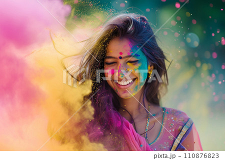 AI-generated content. Holi celebration concept - beautiful indian female in splashes of holi colored powders 110876823
