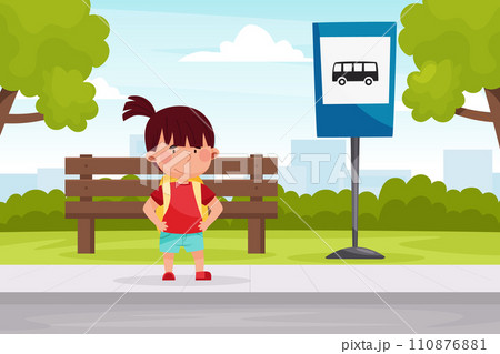 Little Girl Character Learn Traffic Rule Stand at Bus Stop Vector Illustration Little Girl Character Learn Traffic Rule Stand at Bus Stop Vector Illustration 110876881