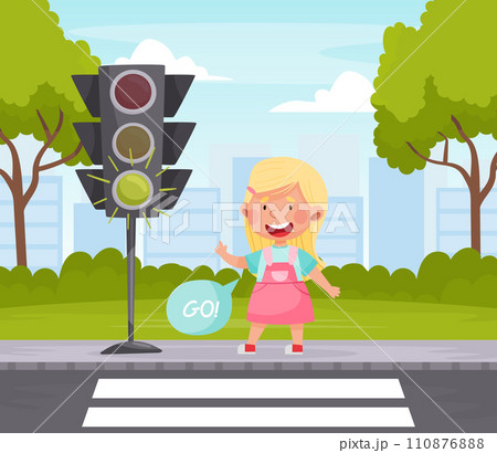 Little Girl Character Learn Traffic Rule Crossing Road at Green Light Vector Illustration 110876888