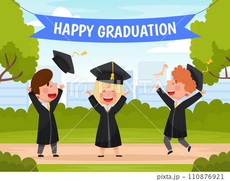 Happy Boy and Girl in Graduation Gown and Cap at Ceremony Vector Illustration Happy Boy and Girl in Graduation Gown and Cap at Ceremony Vector Illustration 110876921