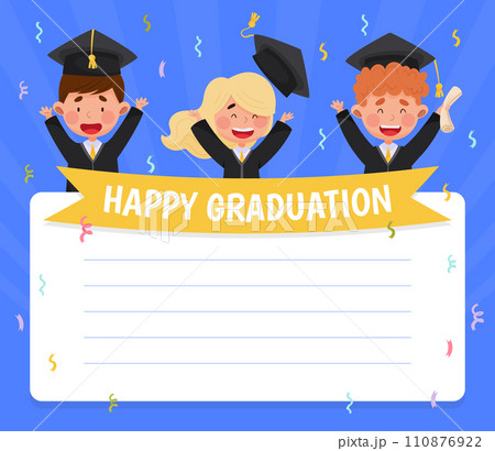 Happy Boy and Girl in Graduation Gown and Cap at Ceremony Vector Template 110876922