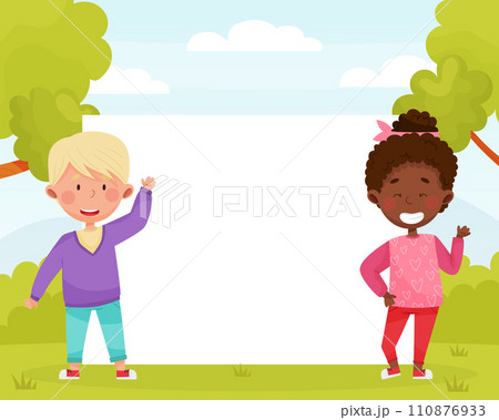 Happy Boy and Girl Kid at Empty Banner Design Vector Template Happy Boy and Girl Kid at Empty Banner Design Vector Template 110876933