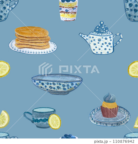 Watercolor tea time childish seamless pattern isolated on white 110876942