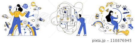 Advanced idea vector illustration. Breakthroughs are keys unlocking doors to new horizons in business exploration Advanced concepts are threads weaving tapestry successful innovations 110876945
