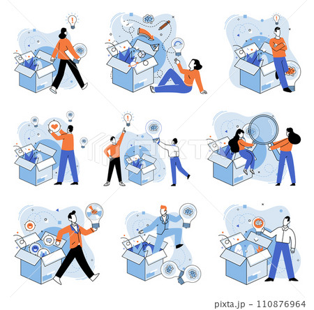 Idea in a box vector illustration. Break chains conventional wisdom to liberate imprisoned idea Leadership is compass steering ship towards uncharted territories Intelligent minds shine brightest 110876964