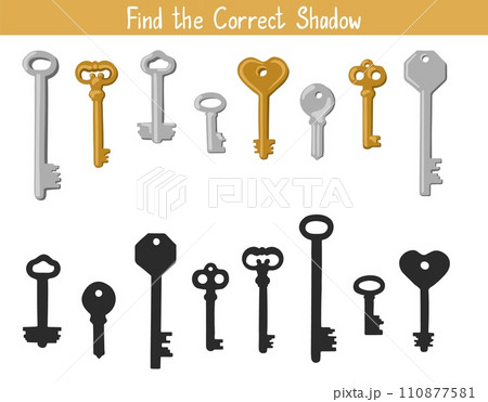 Shadow Matching Game for Children. Find the correct shadow educational task for kids. Find the right shadow for keys Shadow Matching Game for Children. Find the correct shadow educational task for kids. Find the right shadow for keys 110877581