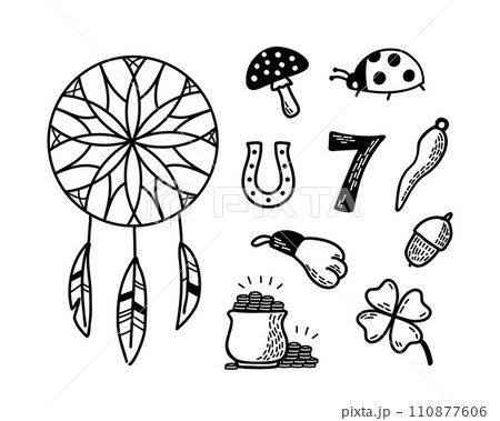 Good Luck Symbols Set. Doodle style European talismans and charms contour illustration. Symbols of success and prosperity 110877606