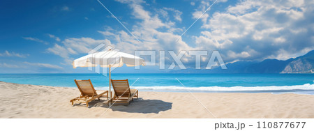Sunbeds and umbrella on the beach, summer vacation background Sunbeds and umbrella on the beach, summer vacation background 110877677
