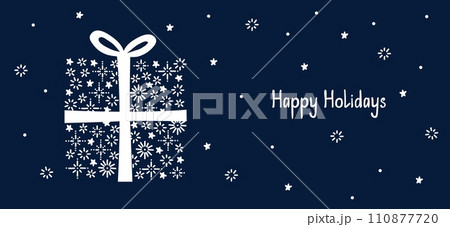 Snowflakes and Stars Xmas Gift Shape Hand Drawn Doodle Background. Happy Holidays Quote Lettering. Winter banner template for web and print 110877720