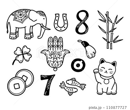 Good Luck Symbols Set. Asian talismans and charms contour vector illustration. Symbols of success and prosperity 110877727