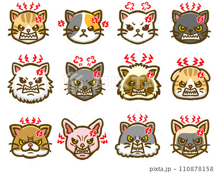 不機嫌なかわいい猫の顔アイコンイラスト素材セット 110878158