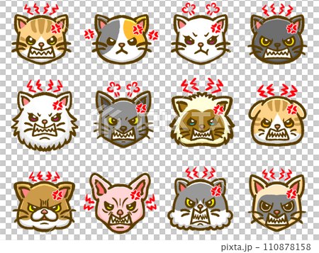 不機嫌なかわいい猫の顔アイコンイラスト素材セット 110878158