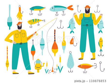 Set of elements for fishing. Collection of fishing gear and fishermen. Vector hand drawn illustration. 110878853
