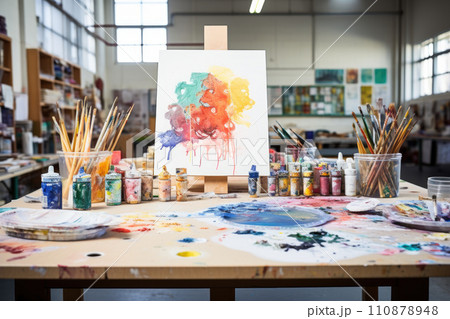 Artistic equipment in a artist studio. Artist canvas on wooden easel and paint brushes Artistic equipment in a artist studio. Artist canvas on wooden easel and paint brushes 110878948