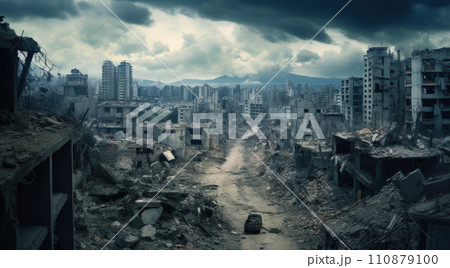 City buildings destructed by earthquake strike. Disaster scene full of debris, dust and crashed buildings 110879100