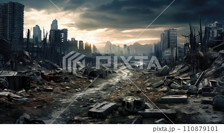 City buildings destructed by earthquake strike. Disaster scene full of debris, dust and crashed buildings City buildings destructed by earthquake strike. Disaster scene full of debris, dust and crashed buildings 110879101