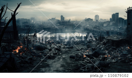 City buildings destructed by earthquake strike. Disaster scene full of debris, dust and crashed buildings 110879102