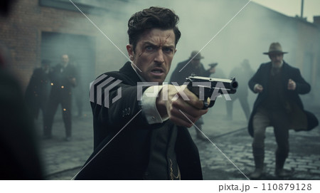 Gangster man in an elegant black suit with a gun in his hand. Retro style. The criminal world of the mafia. Detective movie 110879128