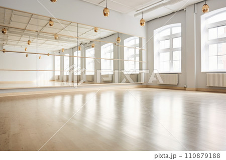 Bright dance hall with windows. Class with a bar for ballet lessons and choreography 110879188
