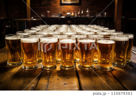Cold mugs and glasses of beer on the old wooden table at the black background. Assortment of beer 110879381