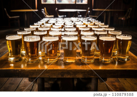 Cold mugs and glasses of beer on the old wooden table at the black background. Assortment of beer 110879388