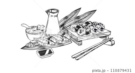 vector illustration of Japanese food theme with rolls, sushi, sashimi, soy sauce, chopsticks, soup and bamboo leaves, hand drawn inked monochrome sketch of seafood isolated on white background vector illustration of Japanese food theme with rolls, sushi, sashimi, soy sauce, chopsticks, soup and bamboo leaves, hand drawn inked monochrome sketch of seafood isolated on white background 110879431