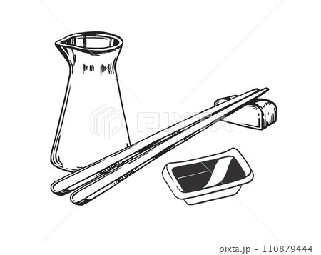 vector illustration of Japanese food theme with soy sauce in the bottle and dish, chopsticks on a stand, hand drawn inked monochrome sketch of seafood isolated on white background vector illustration of Japanese food theme with soy sauce in the bottle and dish, chopsticks on a stand, hand drawn inked monochrome sketch of seafood isolated on white background 110879444