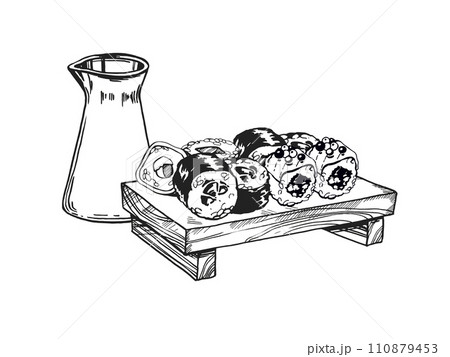 vector illustration of Japanese food theme with rolls, sushi, sashimi, soy sauce on wooden board, hand drawn inked monochrome sketch of seafood isolated on white background 110879453