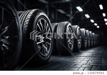 New car tires. Group of road wheels on dark background. Summer Tires with asymmetric tread design. Driving car concept 110879565