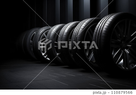New car tires. Group of road wheels on dark background. Summer Tires with asymmetric tread design. Driving car concept 110879566