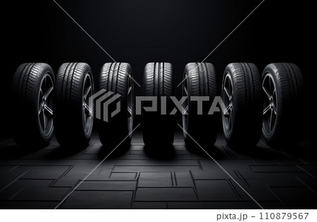 New car tires. Group of road wheels on dark background. Summer Tires with asymmetric tread design. Driving car concept 110879567