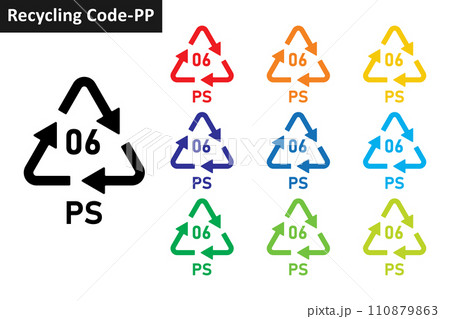 PS plastic recycling code icon set. Plastic recycling symbol 06 PS. Plastic recycling code 06 icon collection in ten different colors. Set of plastic recycling code symbol icon 06 PS. PS plastic recycling code icon set. Plastic recycling symbol 06 PS. Plastic recycling code 06 icon collection in ten different colors. Set of plastic recycling code symbol icon 06 PS. 110879863
