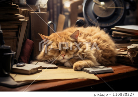 close-up shot of a cat, the cat is sleeping on the desk 110880227