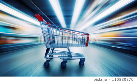 Shopping in supermarket by supermarket cart in motion blur Shopping in supermarket by supermarket cart in motion blur 110880270