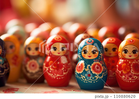 Brightly painted population of wooden Matryoshka or Babuska stacking dolls. Varying sizes. Females faces with red lipstick and rosy cheeks. Girls in traditional floral dresses and scarfs 110880620