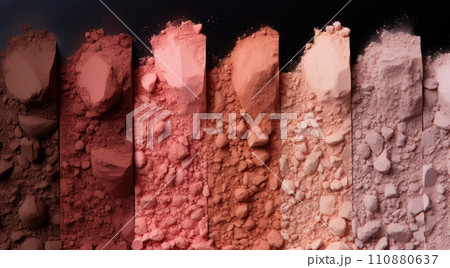 Cosmetic set of various shades compact and loose face powder, bronzed pearls, concealer and makeup brush on black background. Top view point, flat lay Cosmetic set of various shades compact and loose face powder, bronzed pearls, concealer and makeup brush on black background. Top view point, flat lay 110880637
