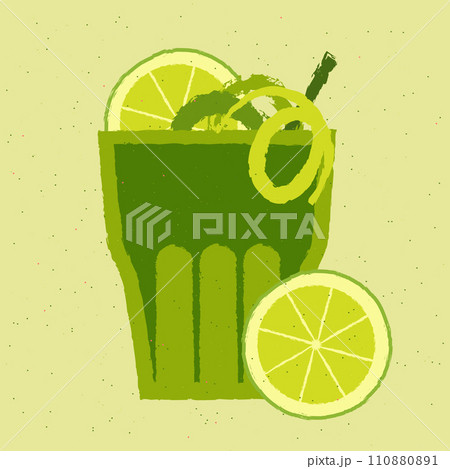 Cocktail with lime and zest. Soft alcohol drink for bar. Vector with texture Cocktail with lime and zest. Soft alcohol drink for bar. Vector with texture 110880891