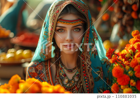 AI-generated content. Novruz concept - beautiful Azerbaijan female, wears Azerbaijan national clothes, spring background AI-generated content. Novruz concept - beautiful Azerbaijan female, wears Azerbaijan national clothes, spring background 110881035