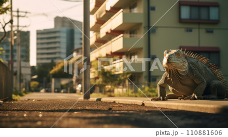 脱走して住宅街を歩くペットのイグアナ 脱走して住宅街を歩くペットのイグアナ 110881606