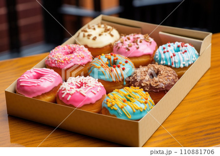 Assorted sweet donuts in a paper box. 110881706