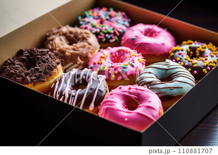 Assorted sweet donuts in a paper box. 110881707