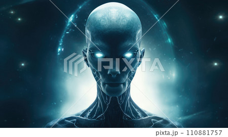 Alien creature has a message for humans. Grey kind humanoid from an other planet portrait series 110881757
