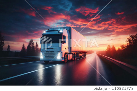 Long Haul Semi-Truck with Cargo Trailer Full of Goods Travels At Night on the Freeway Road 110881778
