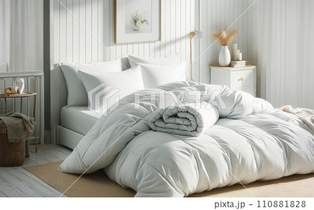 Luxury bedroom. King bed with white linens and pillows. Interior with view window, bed with white bed linen and curtains Luxury bedroom. King bed with white linens and pillows. Interior with view window, bed with white bed linen and curtains 110881828