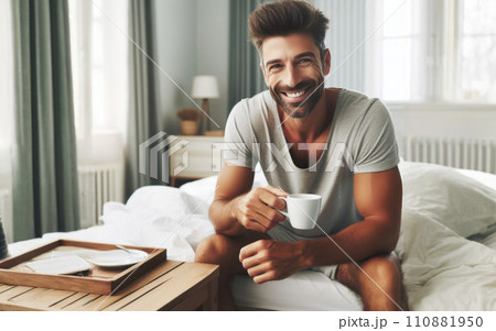 Happy positive handsome middle aged man in pajamas sitting on bed at home, holding mug, drinking coffee in the mornin and smiling 110881950