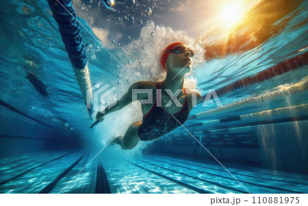 Female swimmer gushing through water in pool 110881975