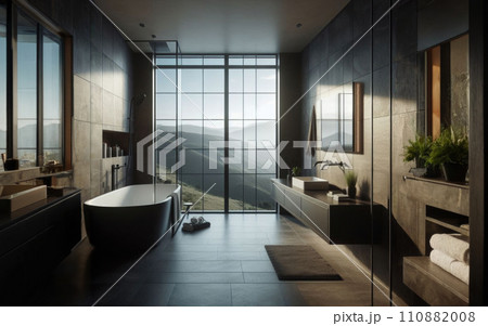 Big window with cityscape in modern black bathroom interior Big window with cityscape in modern black bathroom interior 110882008