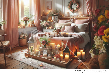 night interior of bedroom with flowers and burning candles 110882023