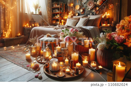 night interior of bedroom with flowers and burning candles night interior of bedroom with flowers and burning candles 110882024